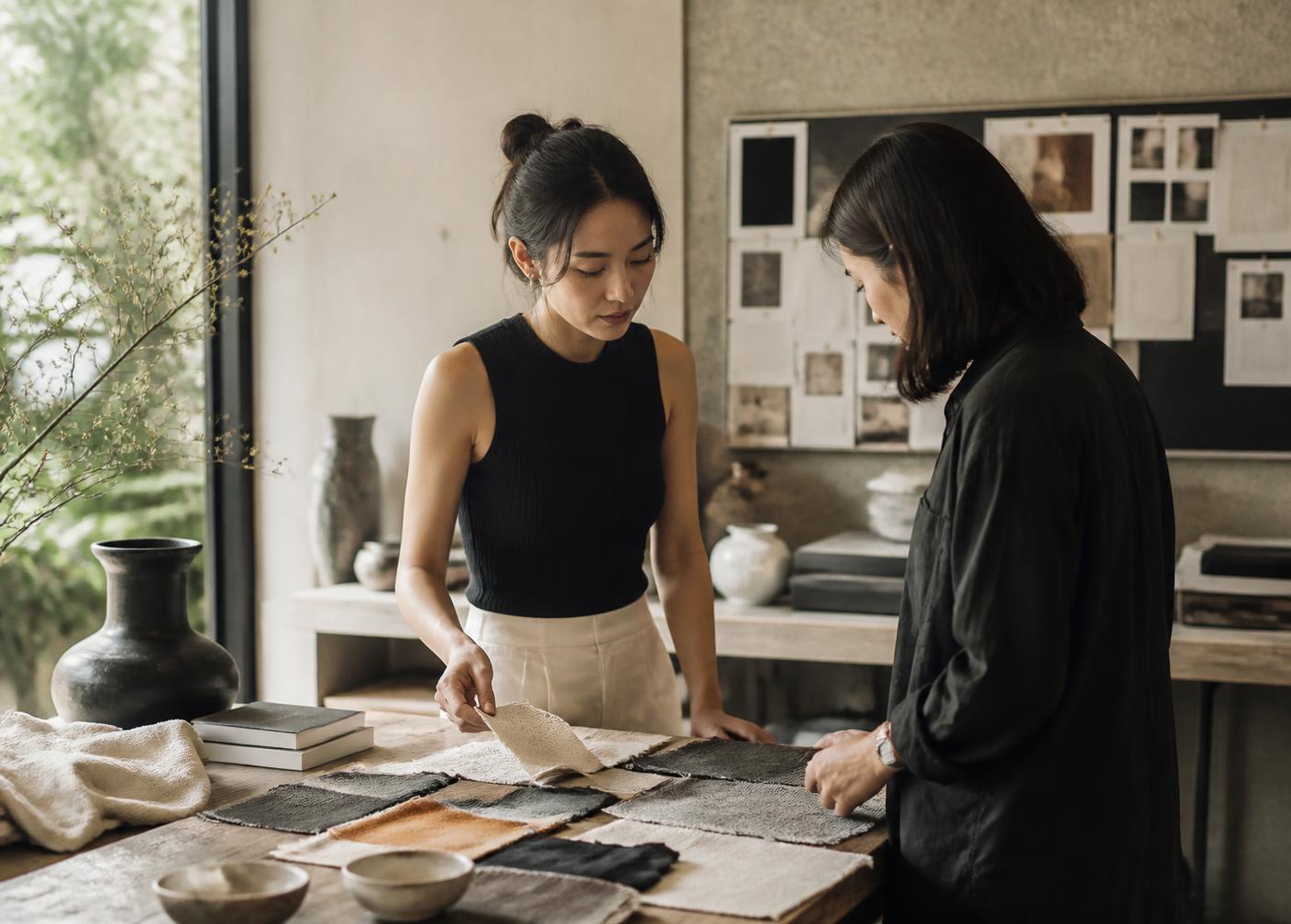 A founder examining product samples with a colleague in a Hanoi studio.