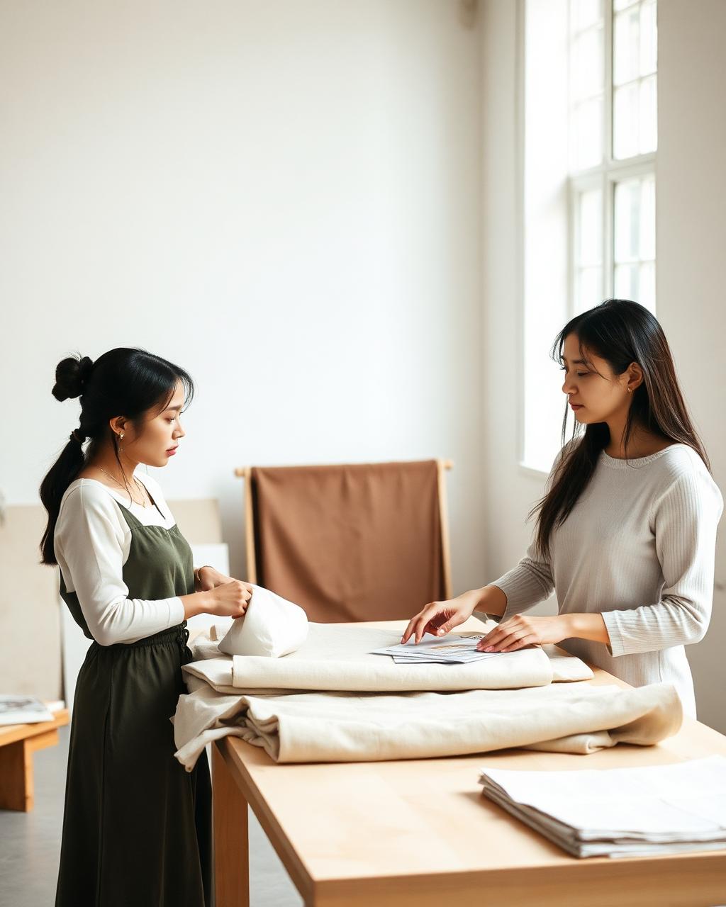 Two founders reviewing material samples in a studio workspace.