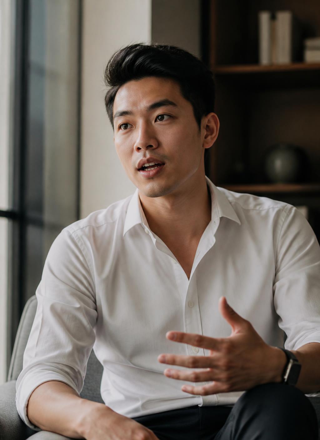 Editorial portrait of a young founder mid-conversation.