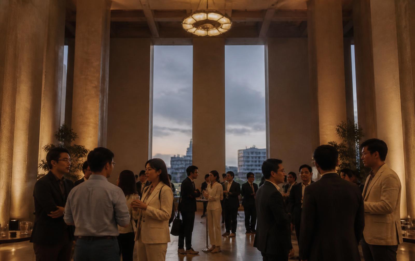 Leaders gathered in a grand hall during an evening reception.