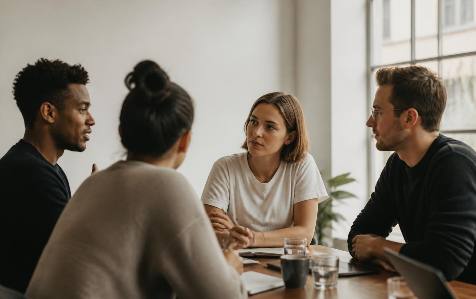 A small group of leaders in discussion around a table.