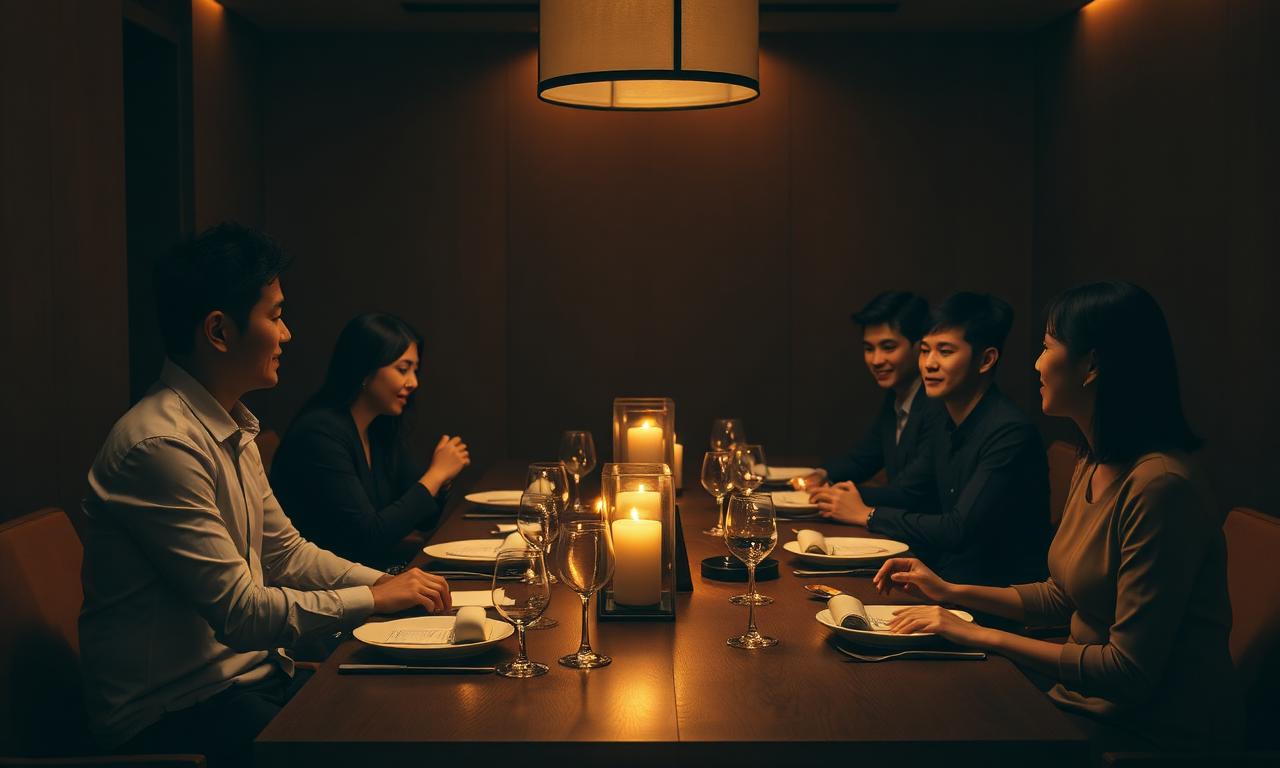 A private dinner conversation around a long wooden table.