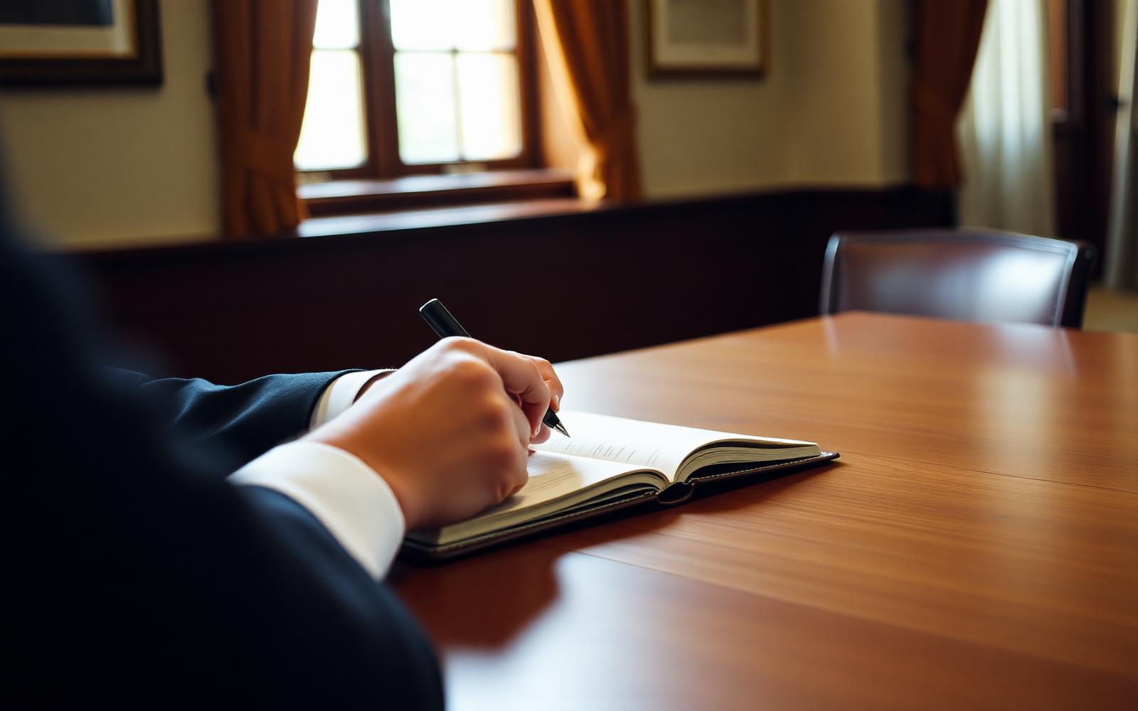 A leader taking notes in a bound notebook at a long table.