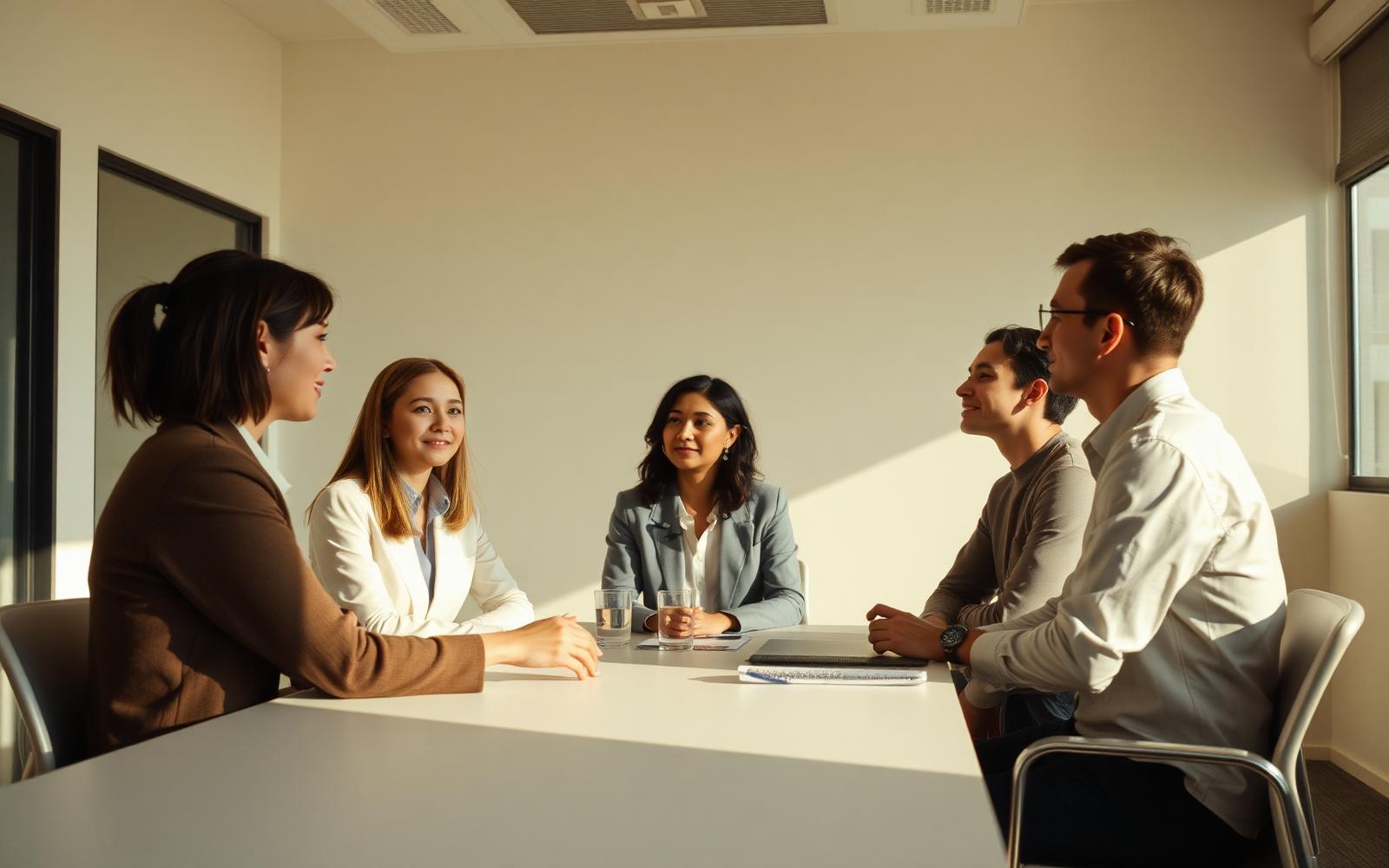 Young executives in conversation in a quiet modern meeting room.
