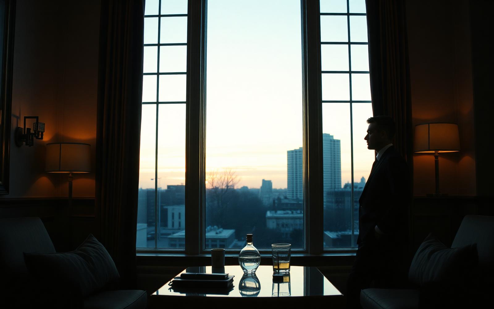 Two executives in conversation by tall windows at dusk.