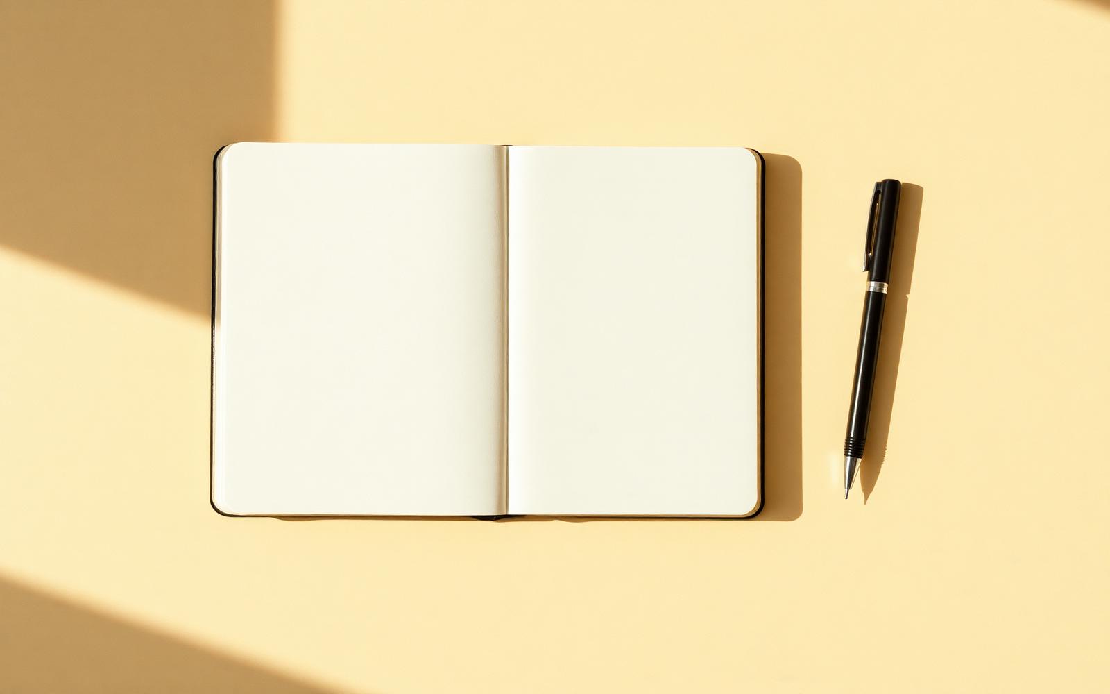 An open journal and pen resting on a warm ivory surface.