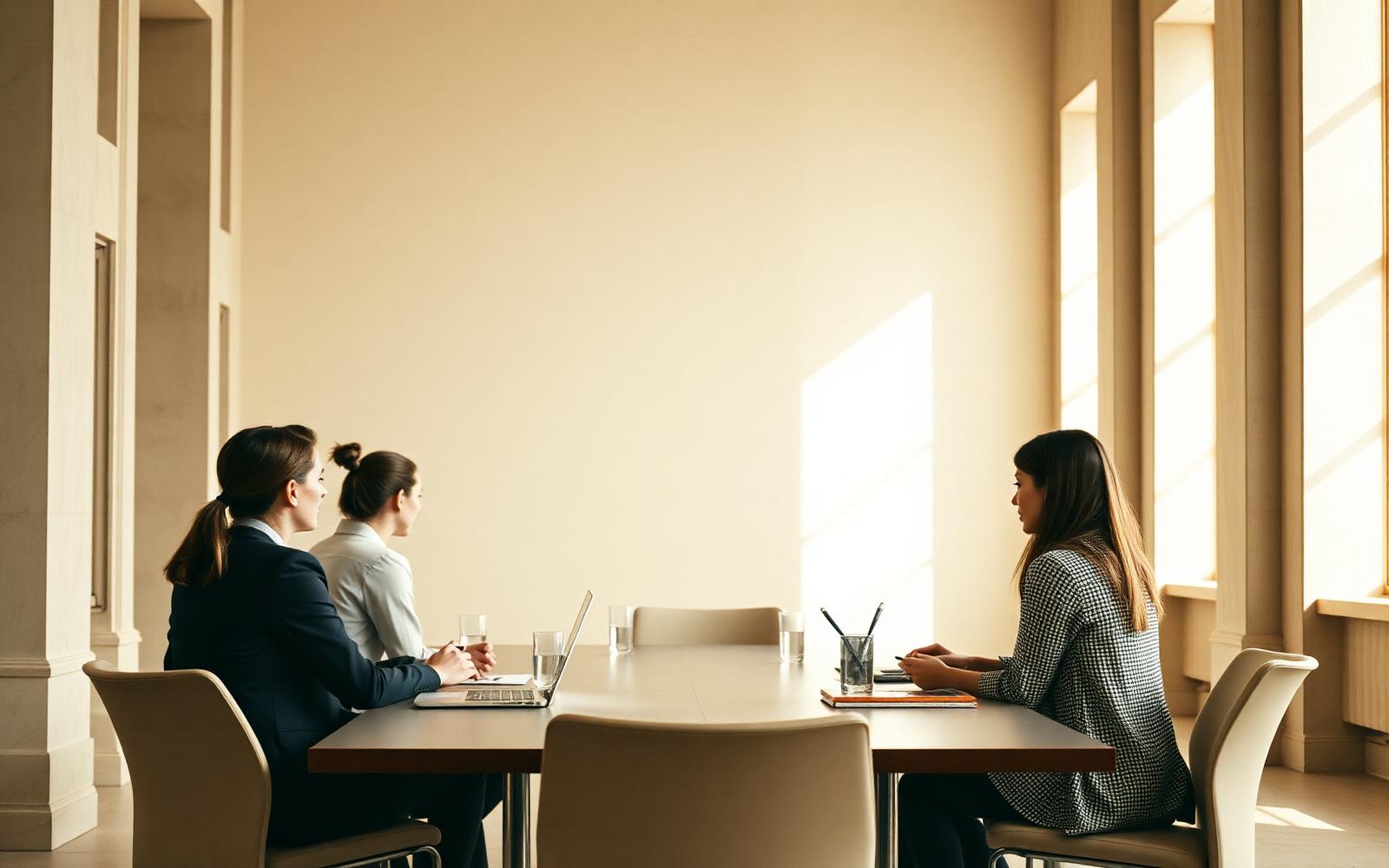 A small roundtable session in a light-filled architectural space.