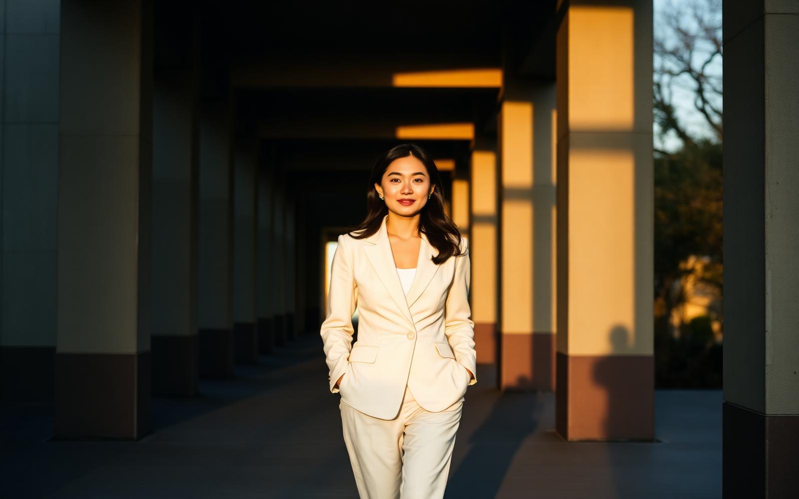A young chief executive walking through an institutional corridor at golden hour.